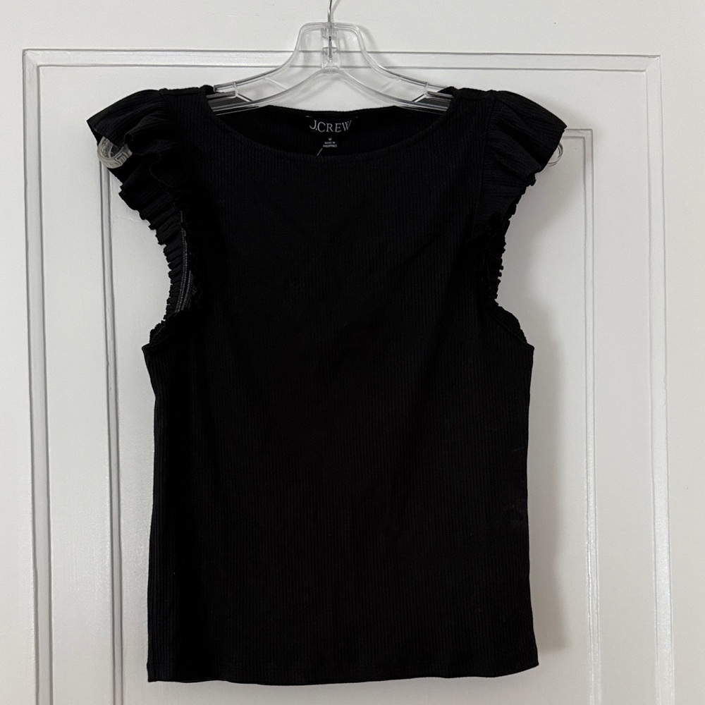 J.Crew Black Ribbed Top Medium Ruffle Sleeve Stretch Work Office Blouse M